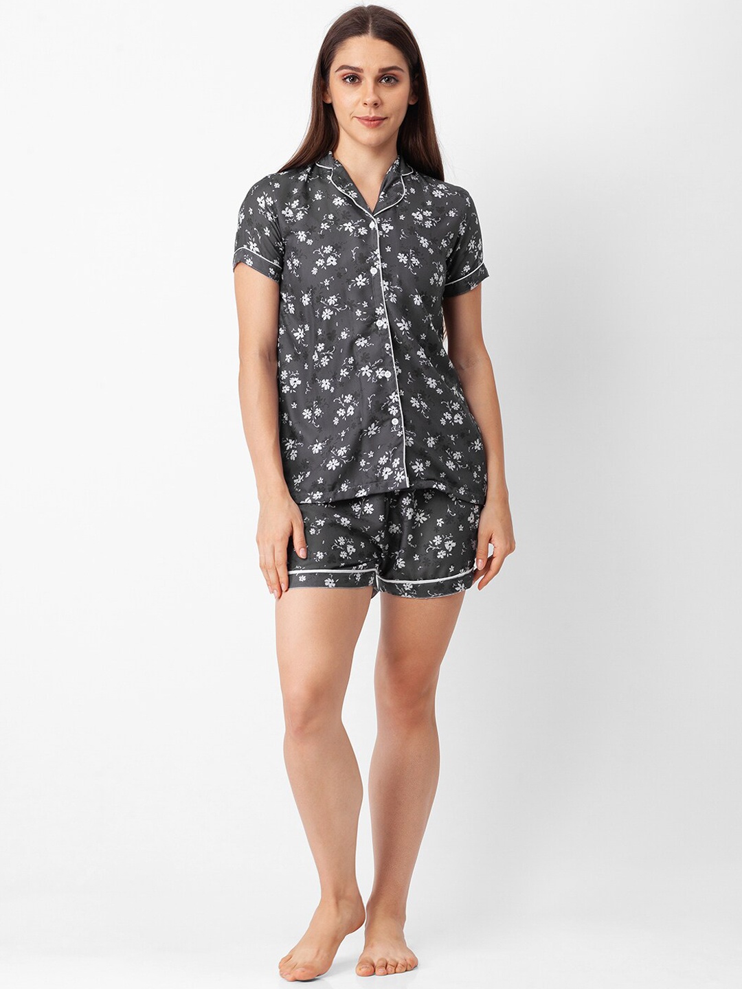 

FashionRack Women Floral Printed Pure Cotton Night Suit, Grey
