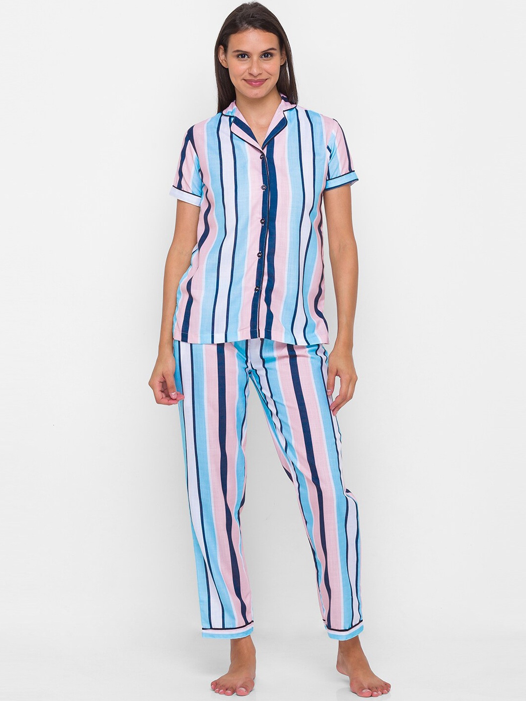 

FashionRack Women Striped Pure Cotton Night Suit, Blue
