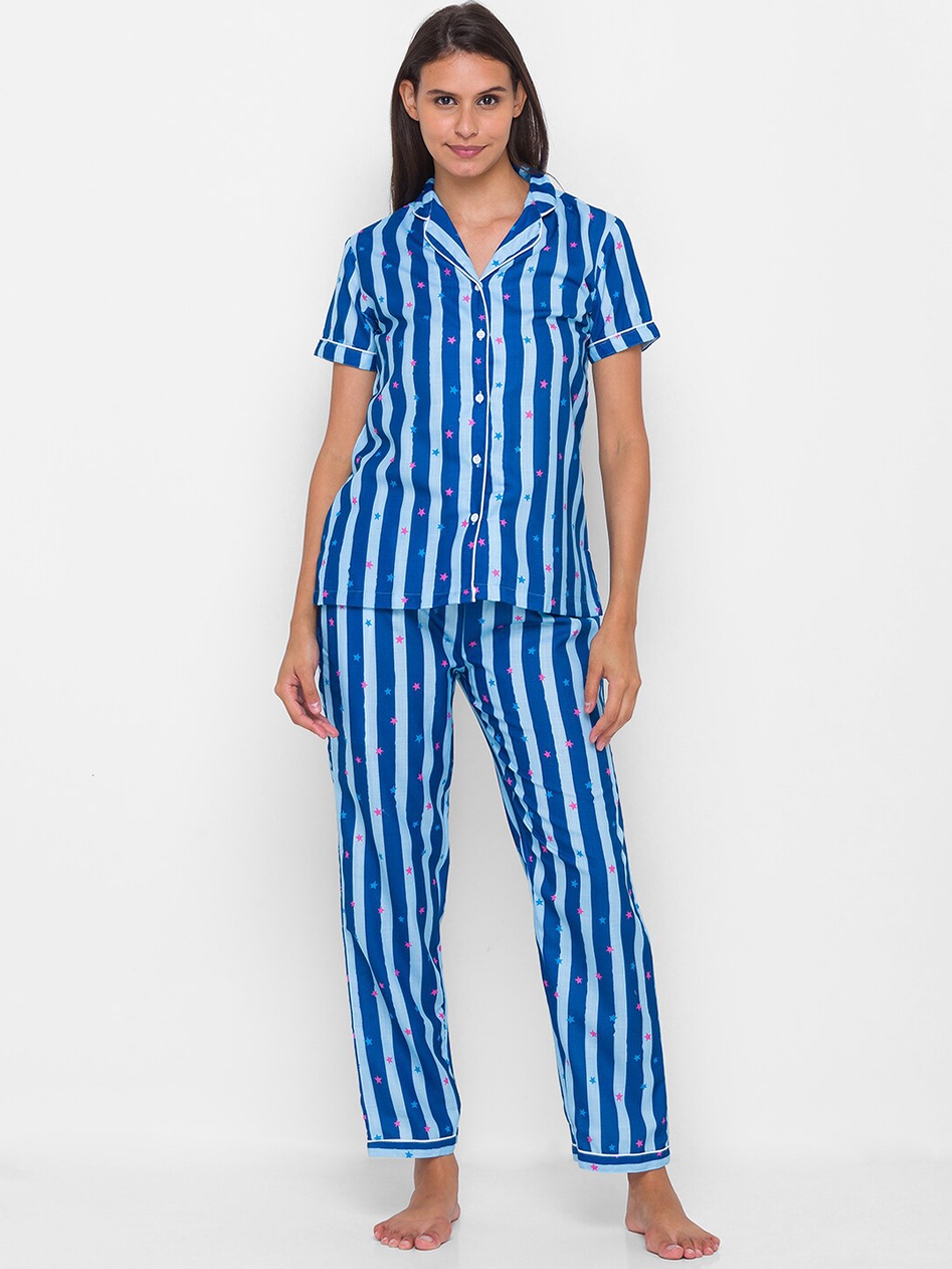 

FashionRack Women Striped Pure Cotton Night Suit, Blue