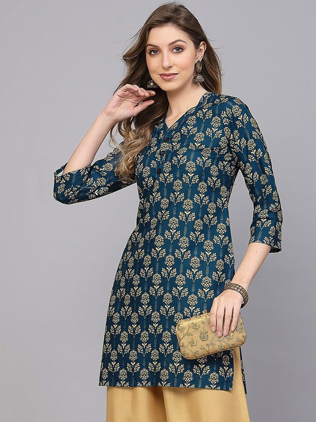 

SKYLEE Women Ethnic Motifs Printed V-Neck Kurti, Teal