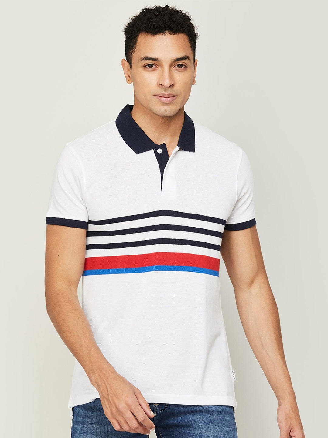 

Fame Forever by Lifestyle Men Striped Polo Collar Cotton T-shirt, White