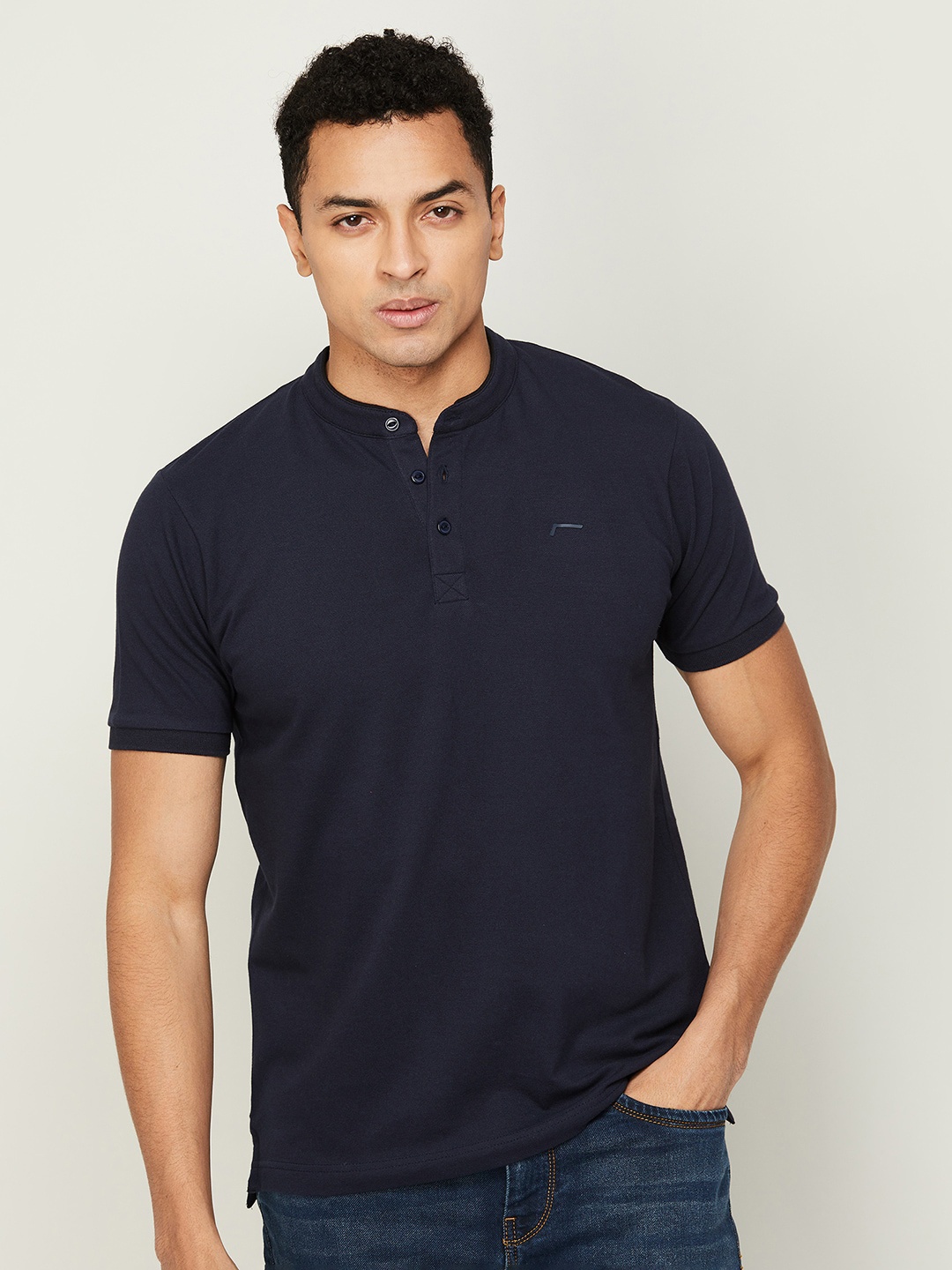 

Fame Forever by Lifestyle Men Mandarin Collar Slim Fit Cotton T-shirt, Navy blue