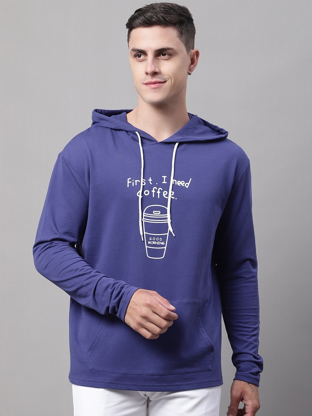 

DOOR74 Men Hooded Printed Cotton Pullover Sweatshirt, Blue