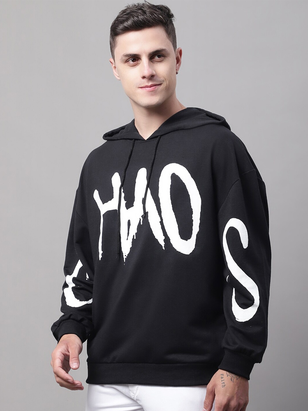 

DOOR74 Men Printed Hooded Cotton Pullover Seatshirt, Black