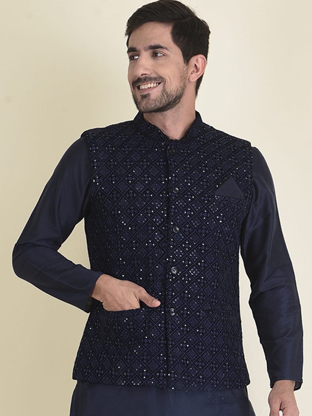 

HOUSE OF DEYANN Mandarin collar Kurta with Trousers & Jacket, Navy blue