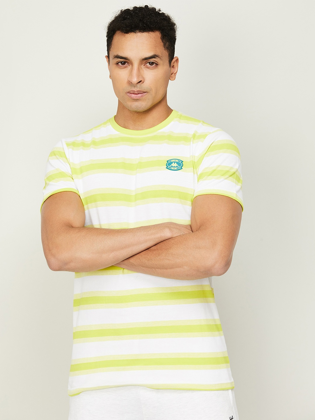 

Kappa Men Striped Round Neck Regular Fit Cotton T-shirt, Lime green