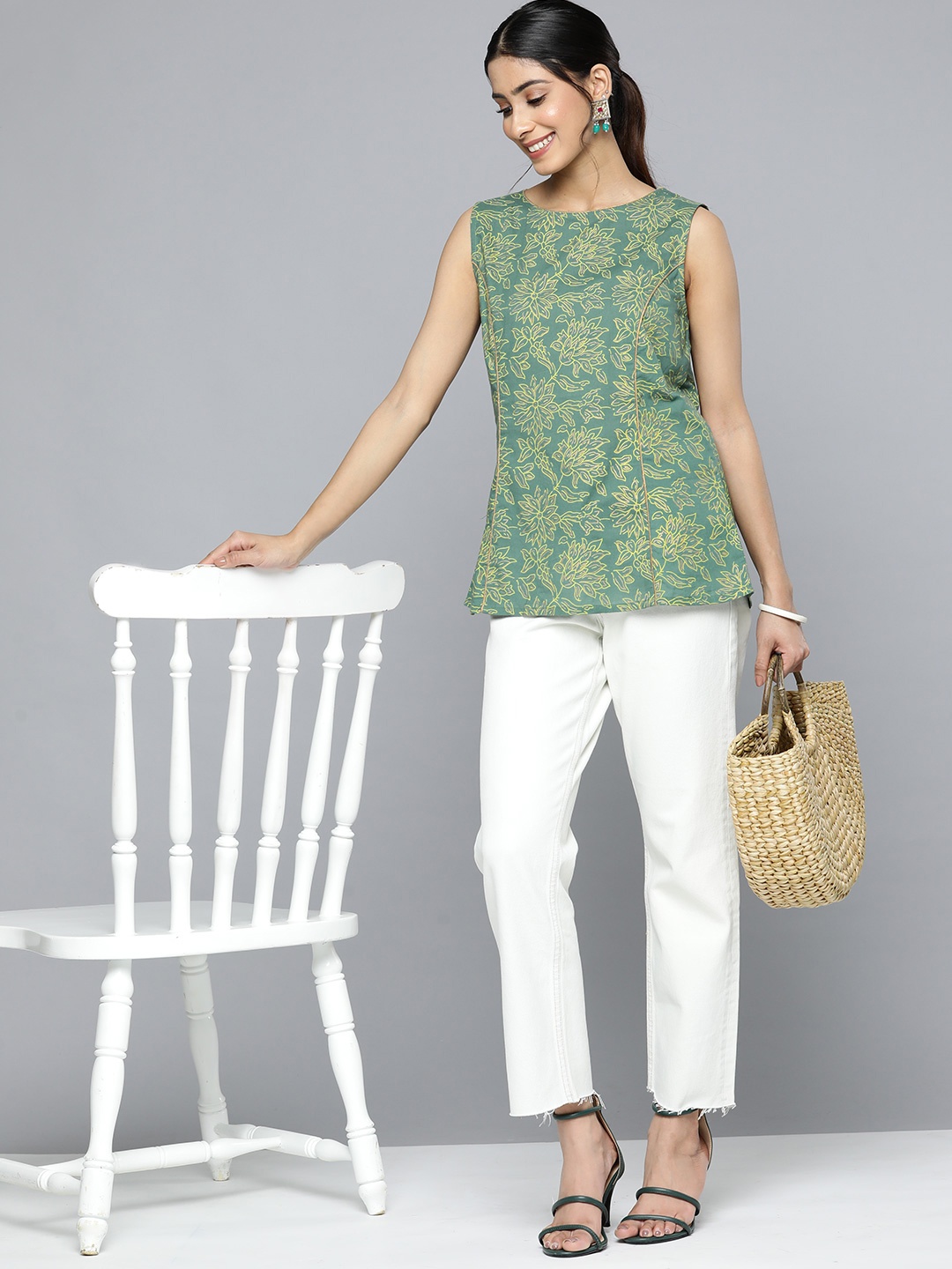 

HERE&NOW Pure Cotton Floral Print Ethnic Top, Green