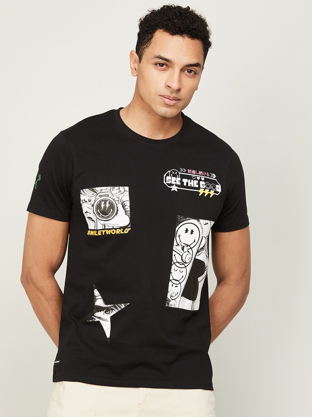 

SmileyWorld Men Printed Cotton T-shirt, Black