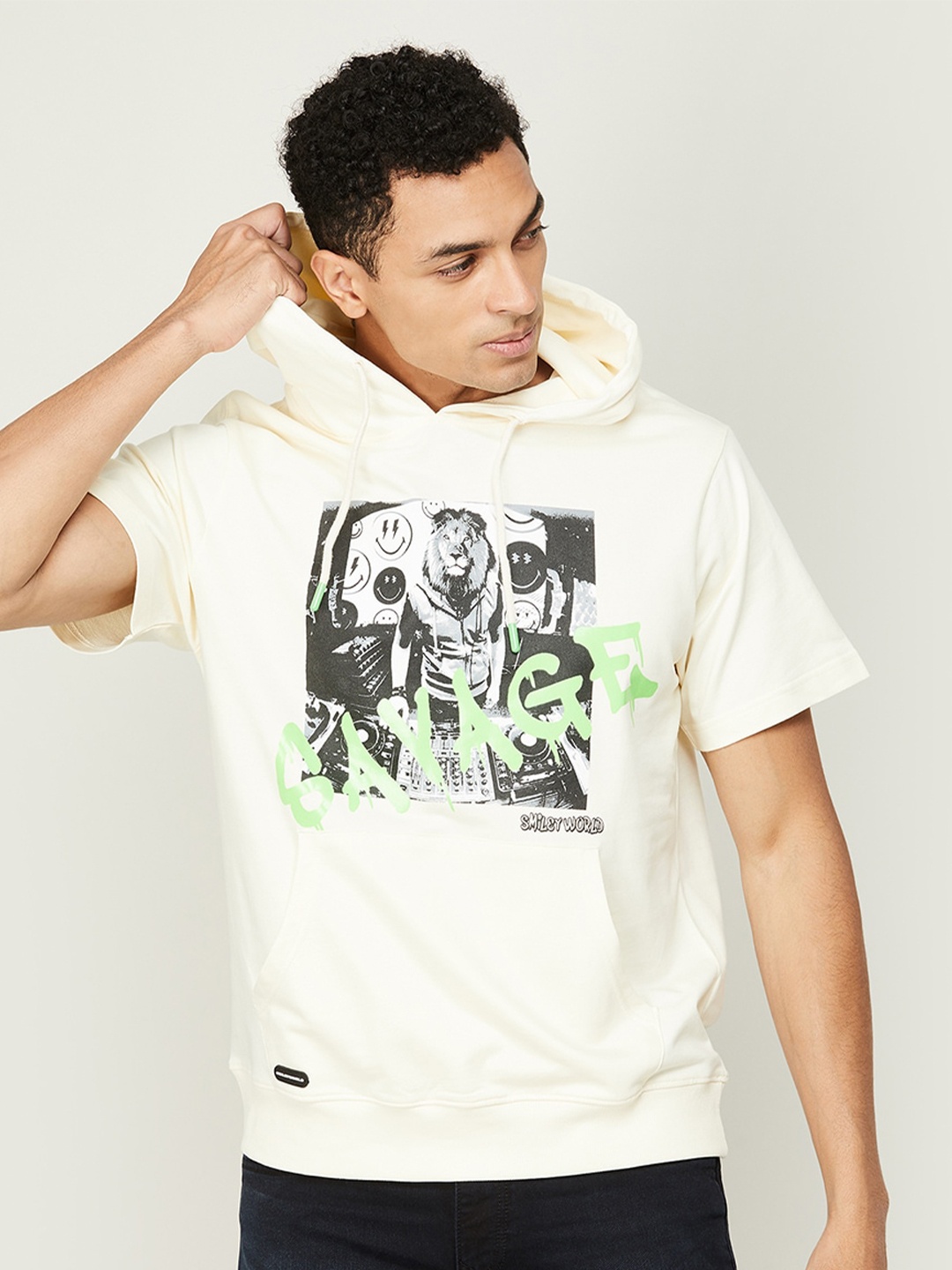 

SmileyWorld Men Hooded Typography Printed Cotton T-shirt, Cream