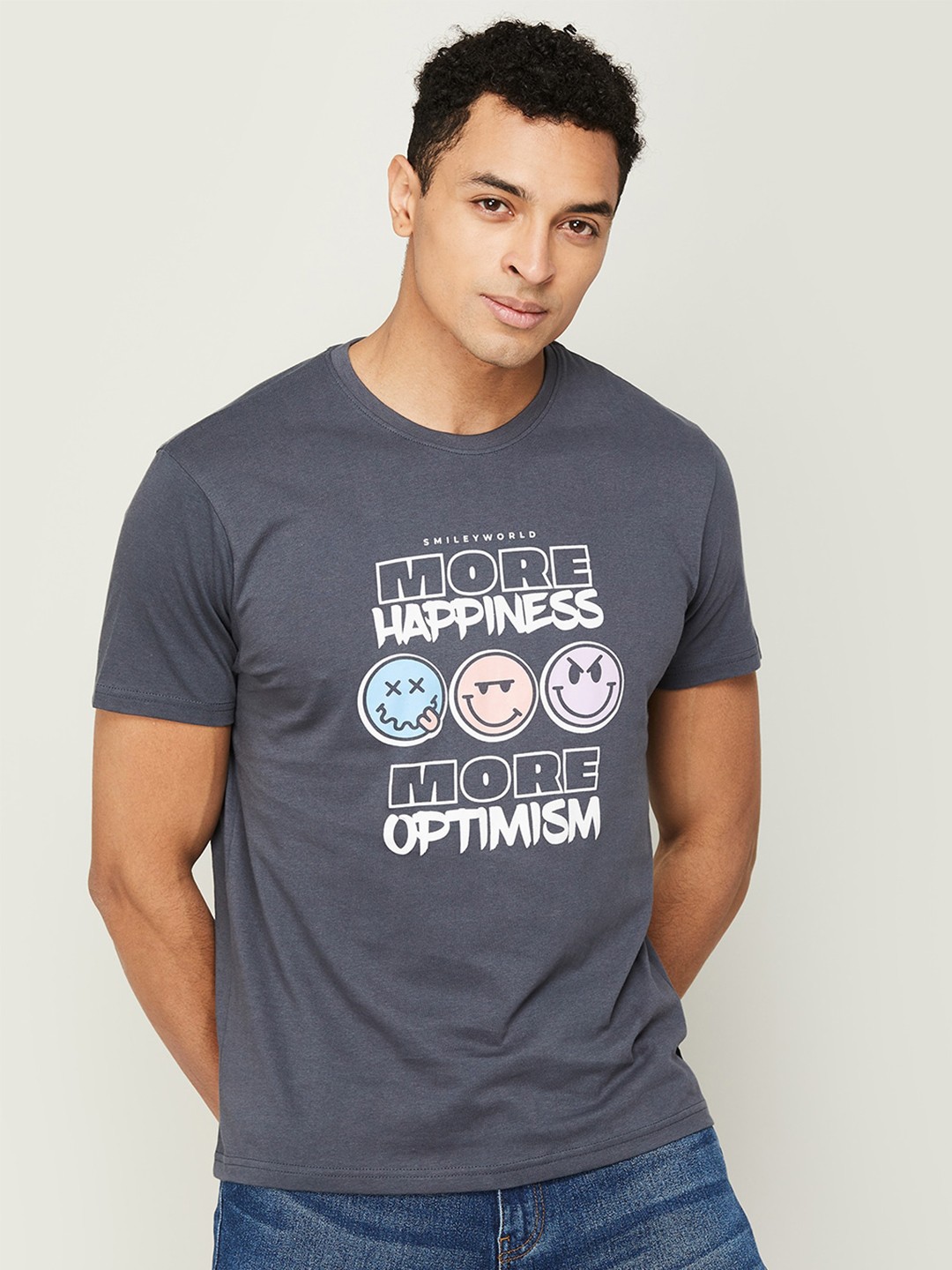 

SmileyWorld Men Typography Printed Cotton T-shirt, Grey