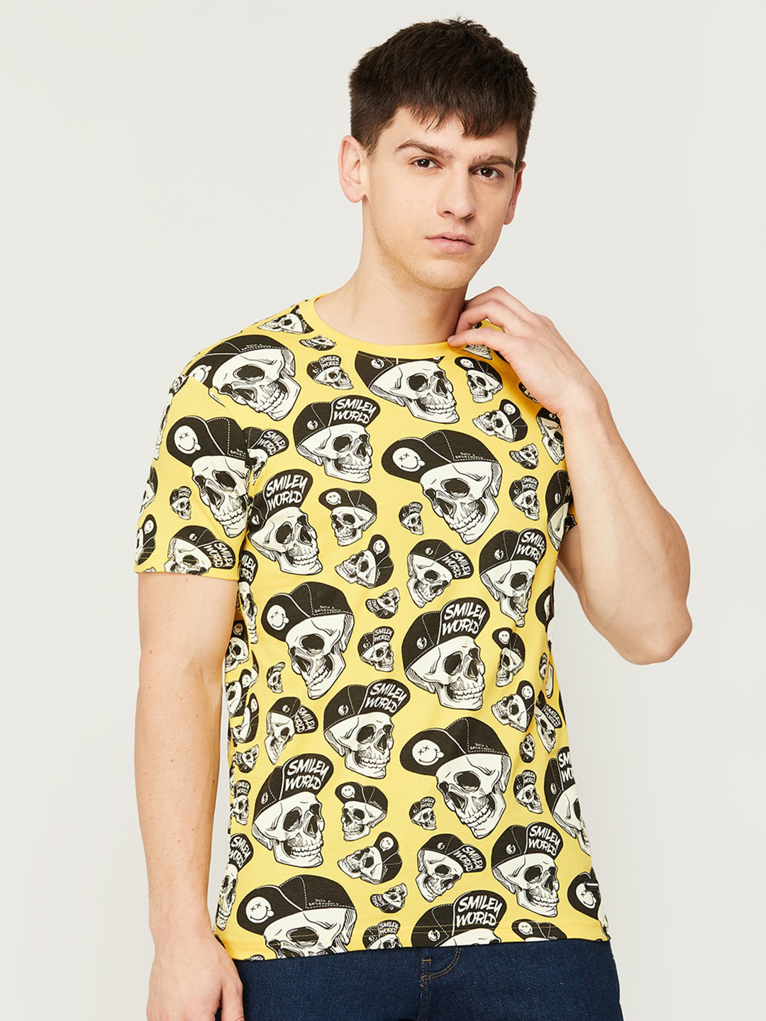 

SmileyWorld Men Printed Slim Fit Cotton T-shirt, Yellow