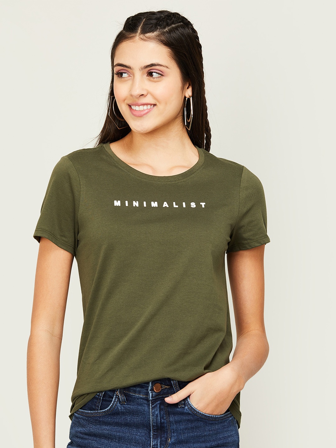 Fame Forever by Lifestyle Women Minimalist Printed Round Neck Cotton T-shirt, Olive