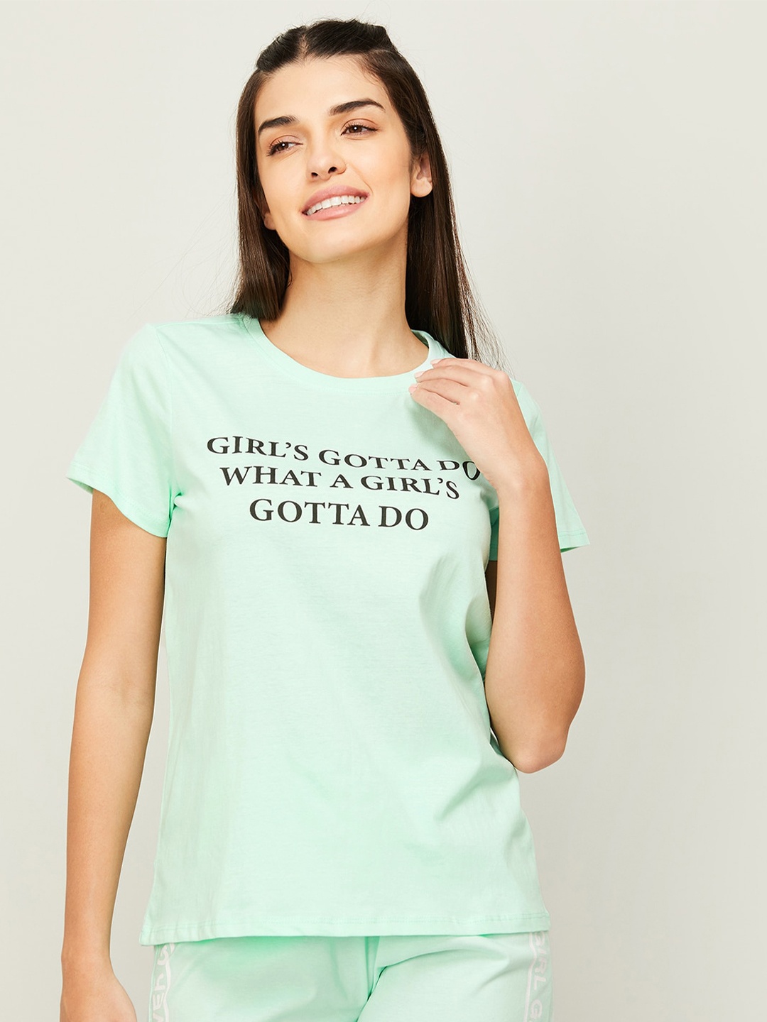 

Ginger by Lifestyle Women Typography Printed Cotton T-shirt, Green