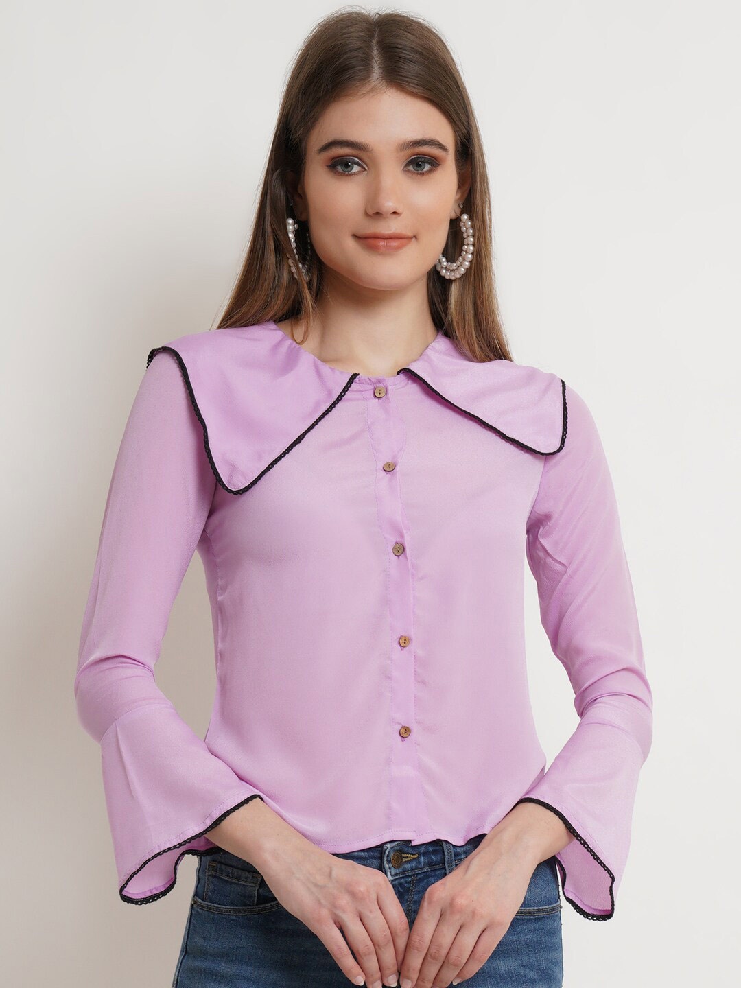 

DODO & MOA Above The Keyboard Collar Bell Sleeves Shirt Style Top, Lavender