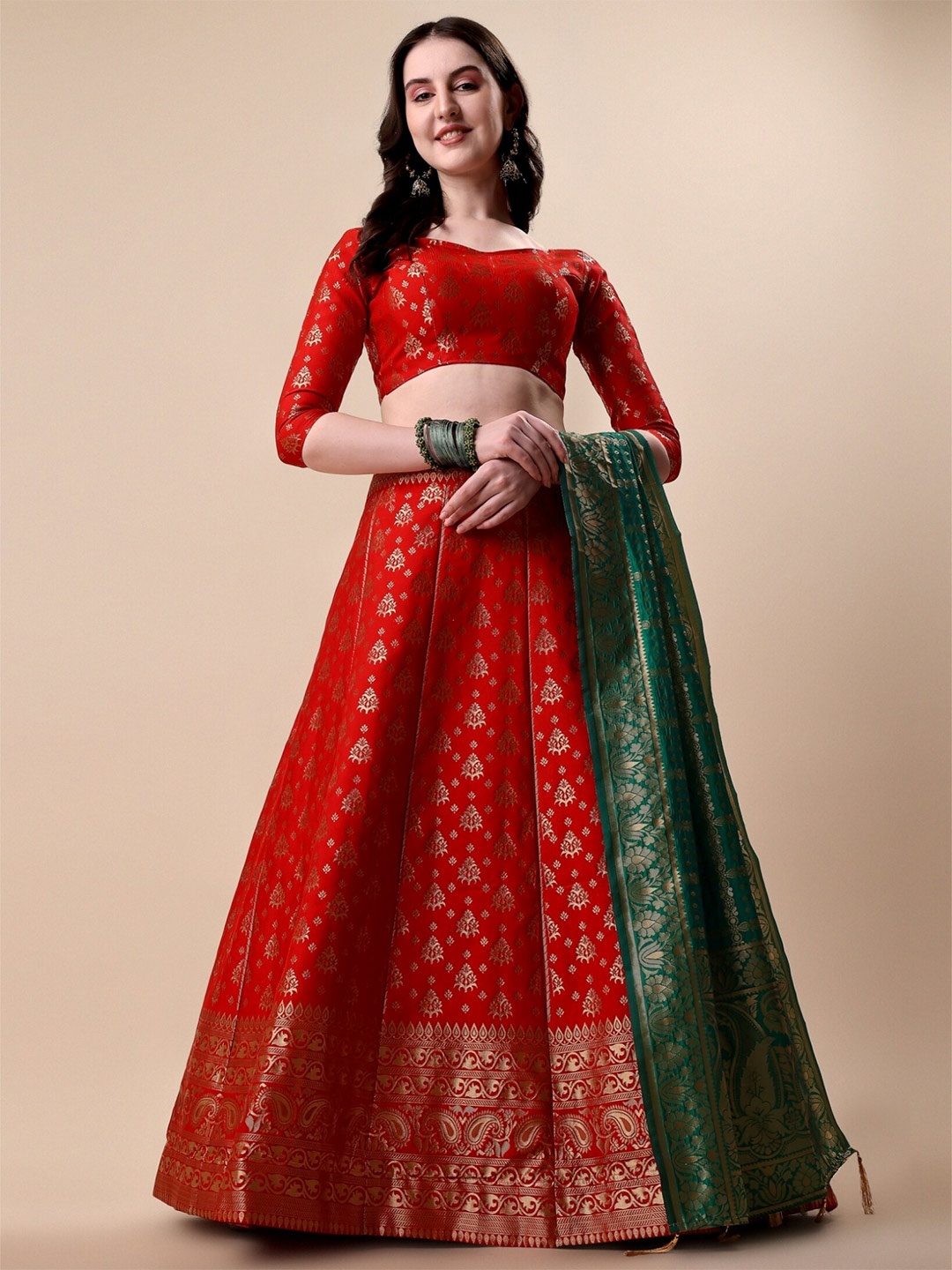 

Vaidehi Fashion Ready to Wear Banarasi Silk Lehenga & Unstitched Blouse With Dupatta, Red