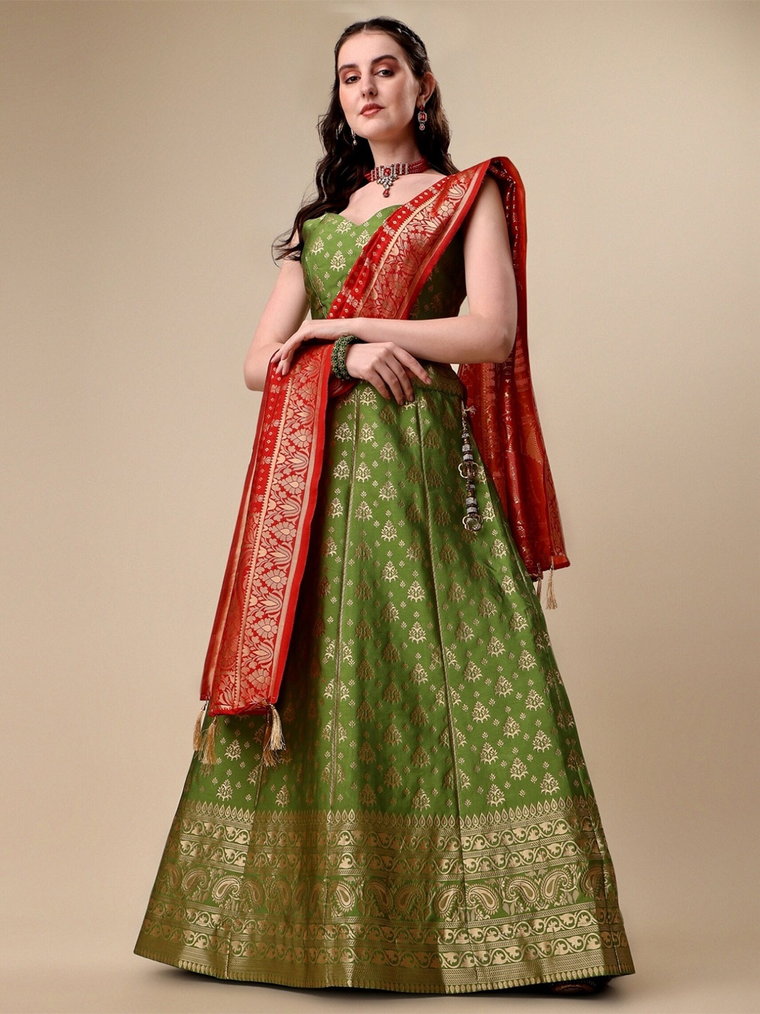 

Vaidehi Fashion Ready to Wear Banarasi Silk Lehenga & Unstitched Blouse With Dupatta, Olive