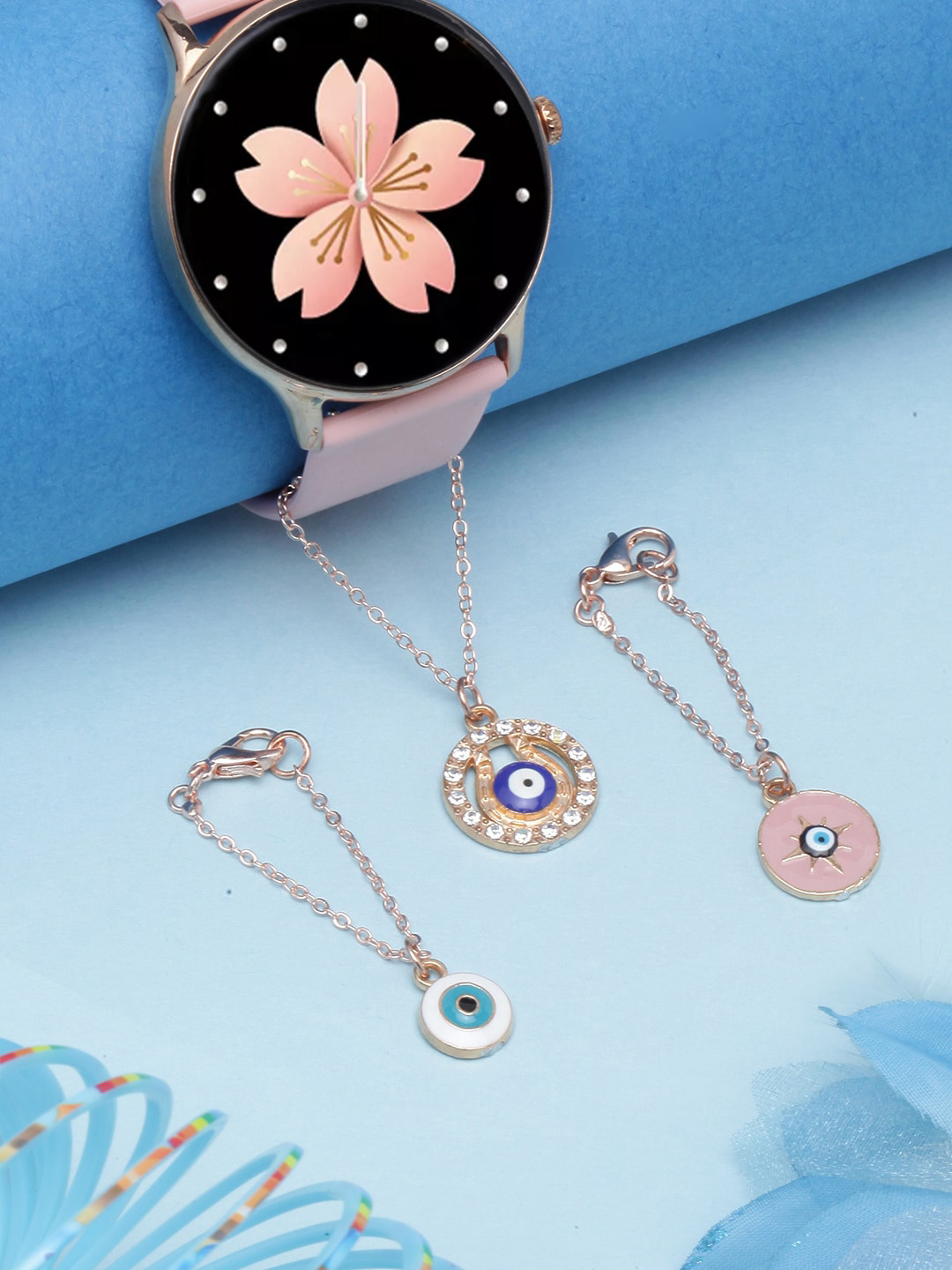 

DIVA WALK Women Set Of 3 Gold-Plated Stone-Studded Evil Eye Enamelled Watch Charms, White