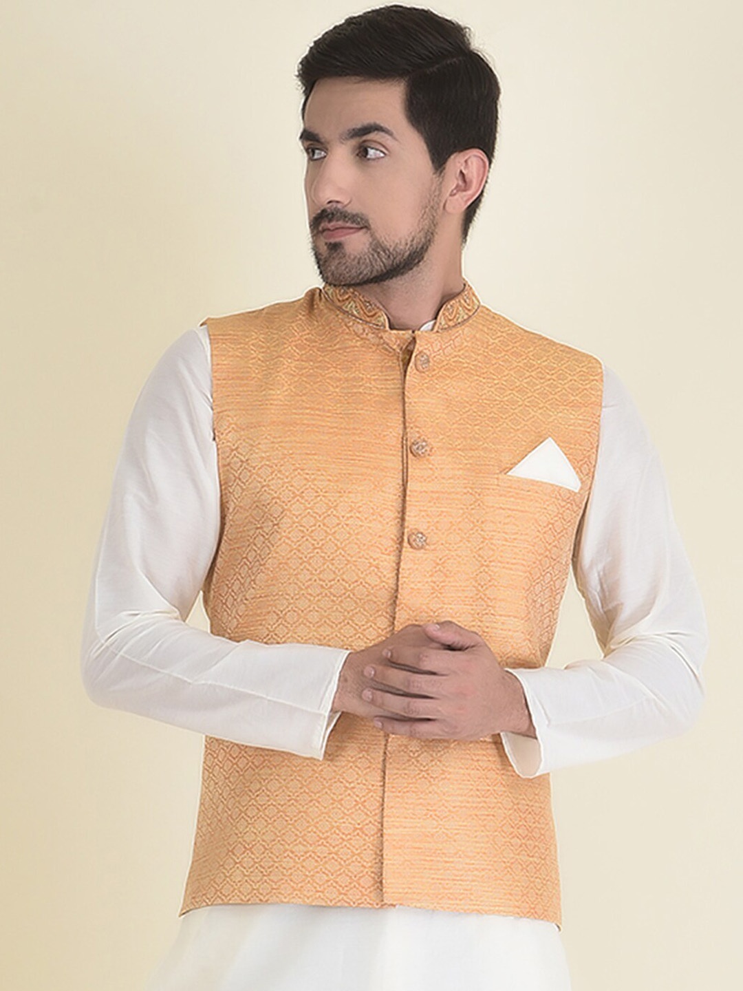 

HOUSE OF DEYANN Men Straight Kurta with Trousers & With Printed Nehru jacket, White