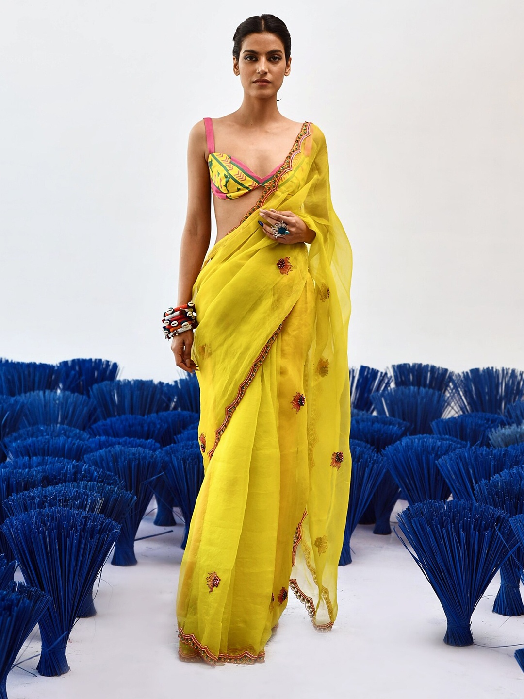 

Baise Gaba Floral Embroidered Organza Saree, Yellow