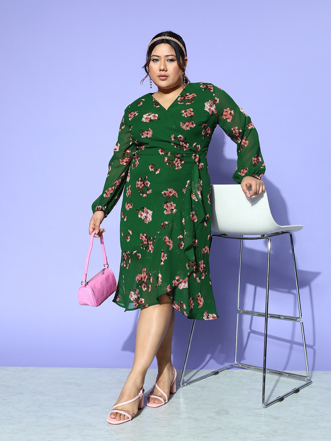 

CURVE BY KASSUALLY Plus Size Floral Georgette Midi Dress, Green