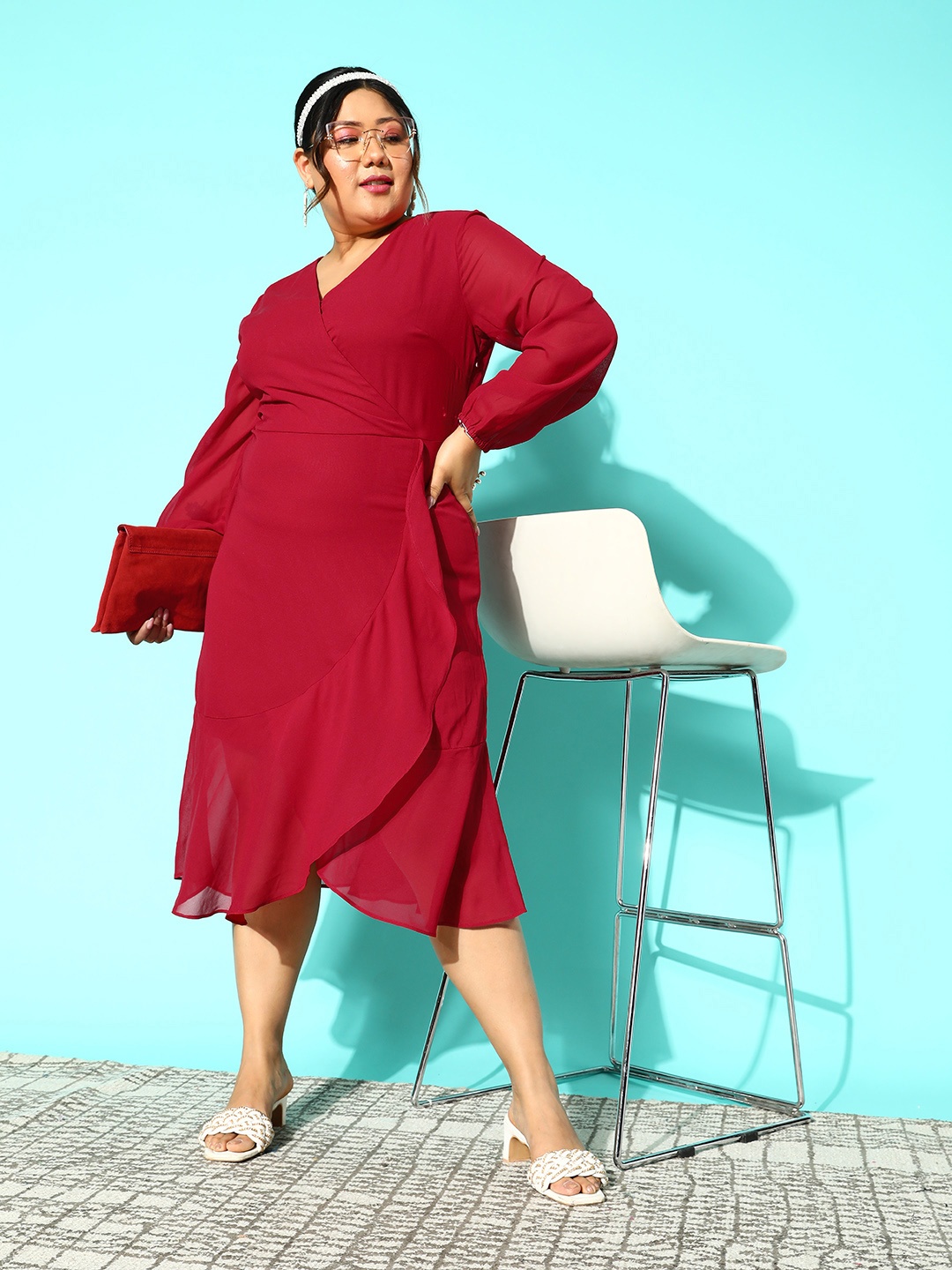 

CURVE BY KASSUALLY Plus Size Fuchsia Puff Sleeves Georgette Wrap Midi Dress
