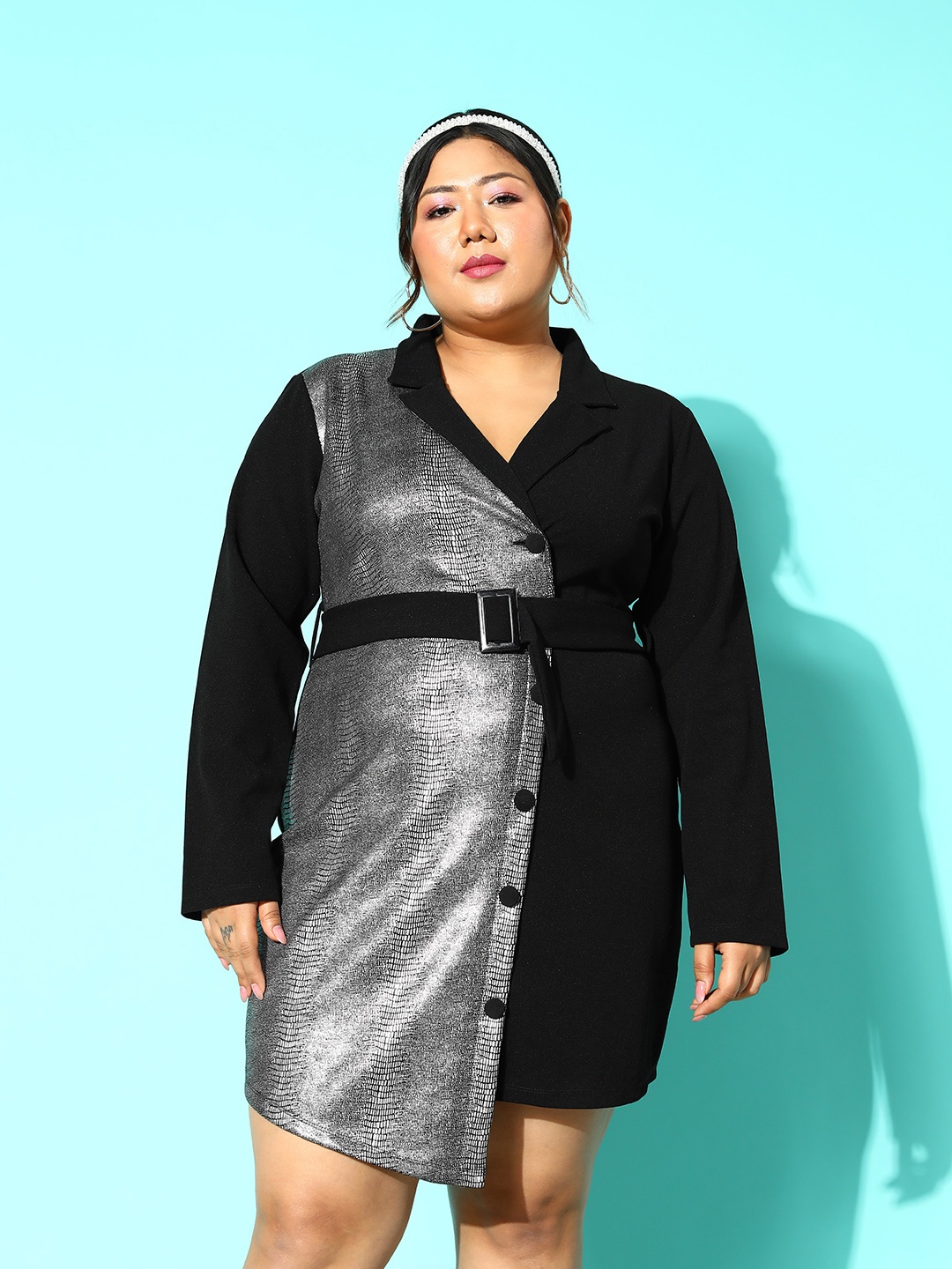 

CURVE BY KASSUALLY Plus Size Black Animal Colourblocked Scuba Mini Blazer Dress With Belt