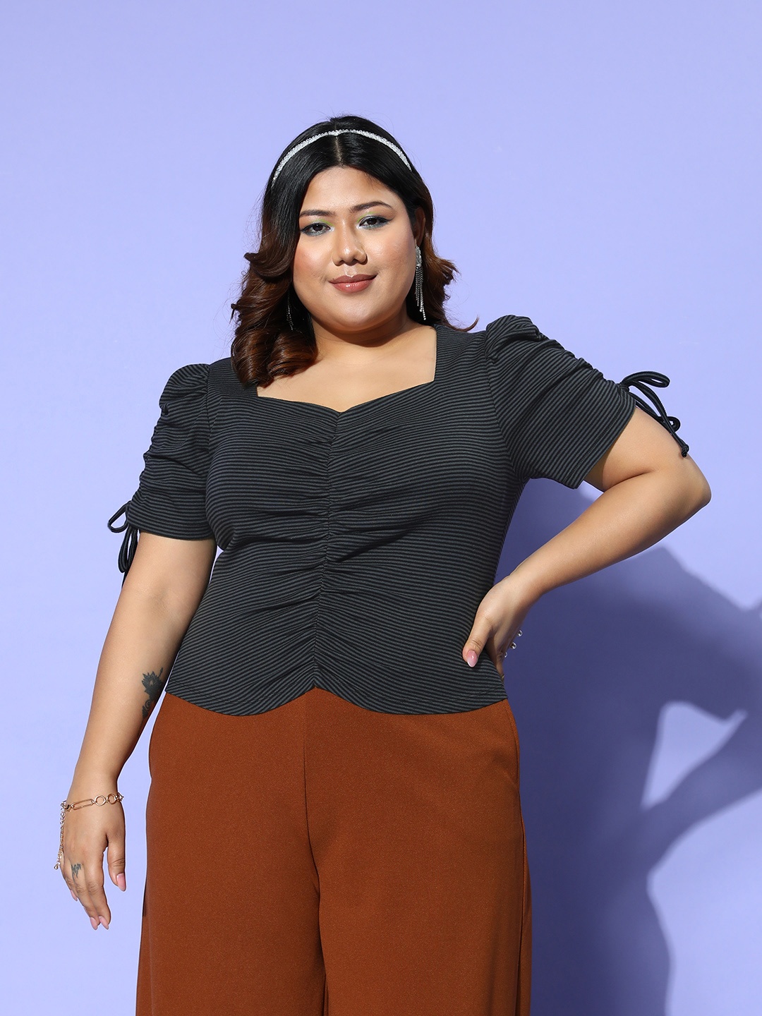 

CURVE BY KASSUALLY Plus Size Striped Sweetheart Neck Top, Charcoal