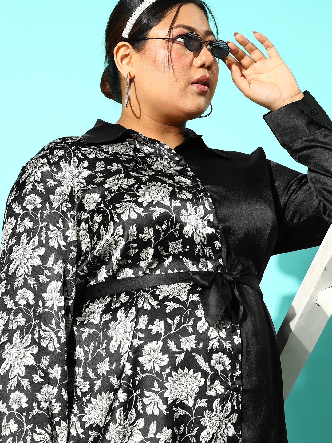 

CURVE BY KASSUALLY Plus Size Black Floral Colourblocked Satin Shirt Mini Dress With Belt
