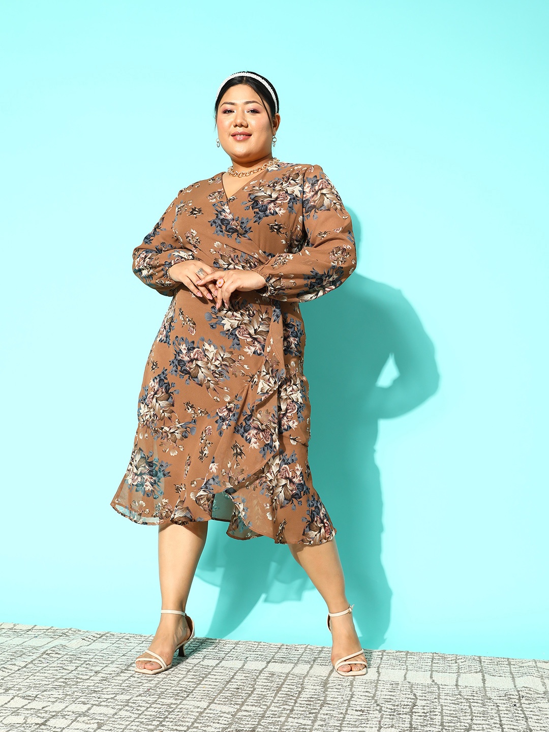 

CURVE BY KASSUALLY Plus Size Brown & Multicoloured Floral Georgette Midi Wrap Dress