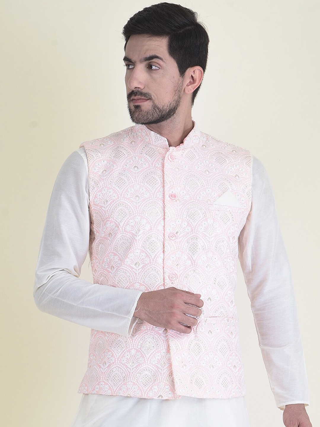 

HOUSE OF DEYANN Men Embroidered Nehru Jacket, Pink