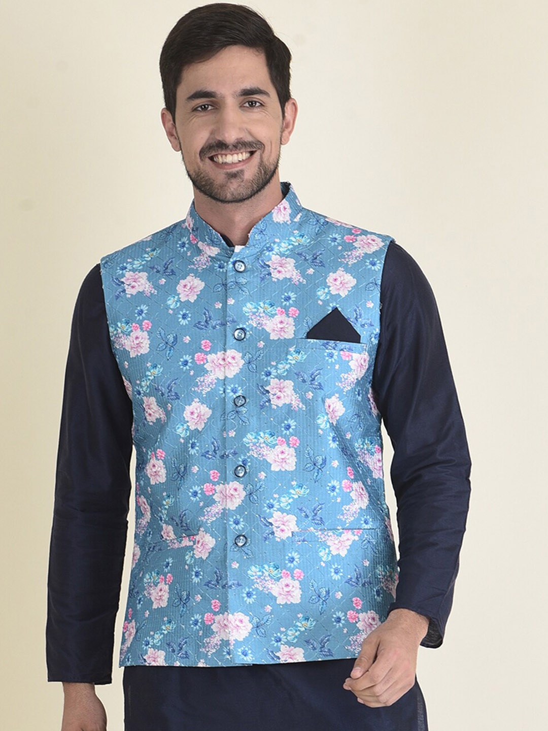 

HOUSE OF DEYANN Men Floral-Printed Embroidered Nehru jacket, Blue