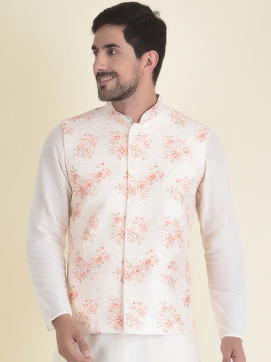 

HOUSE OF DEYANN Men Embroidered & Floral Printed Nehru Jacket, Off white