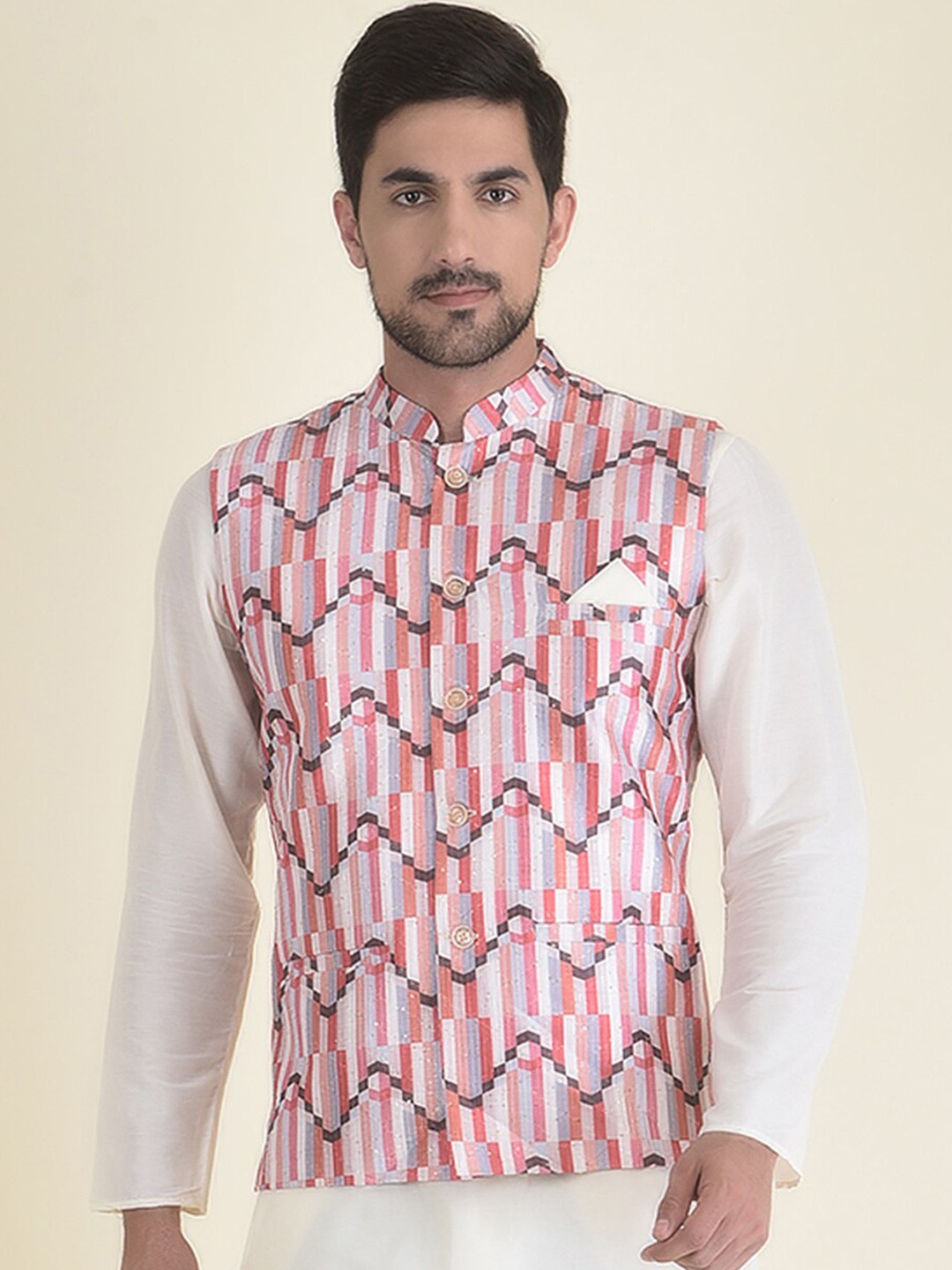 

HOUSE OF DEYANN Men Printed Woven Nehru Jacket, Peach