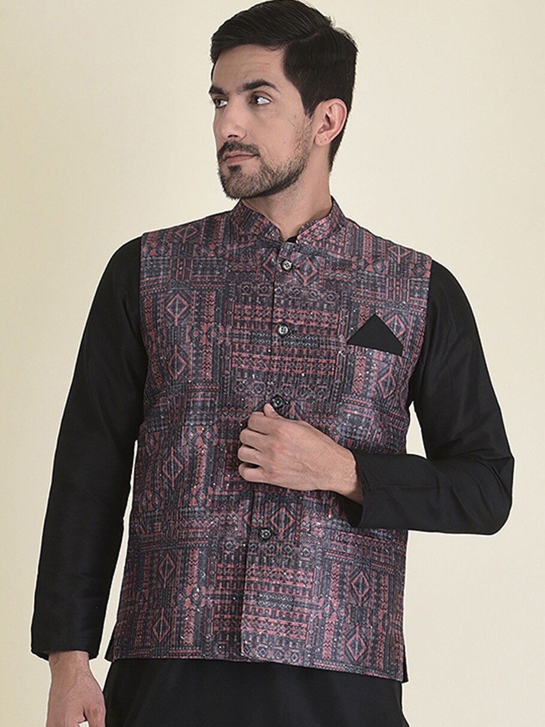 

HOUSE OF DEYANN Men Printed Nehru Jackets, Black