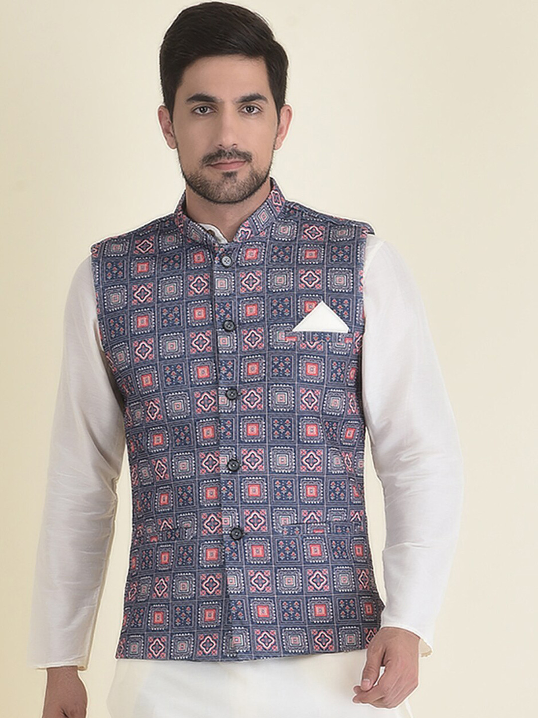 

HOUSE OF DEYANN Men Printed Nehru Jacket, Navy blue