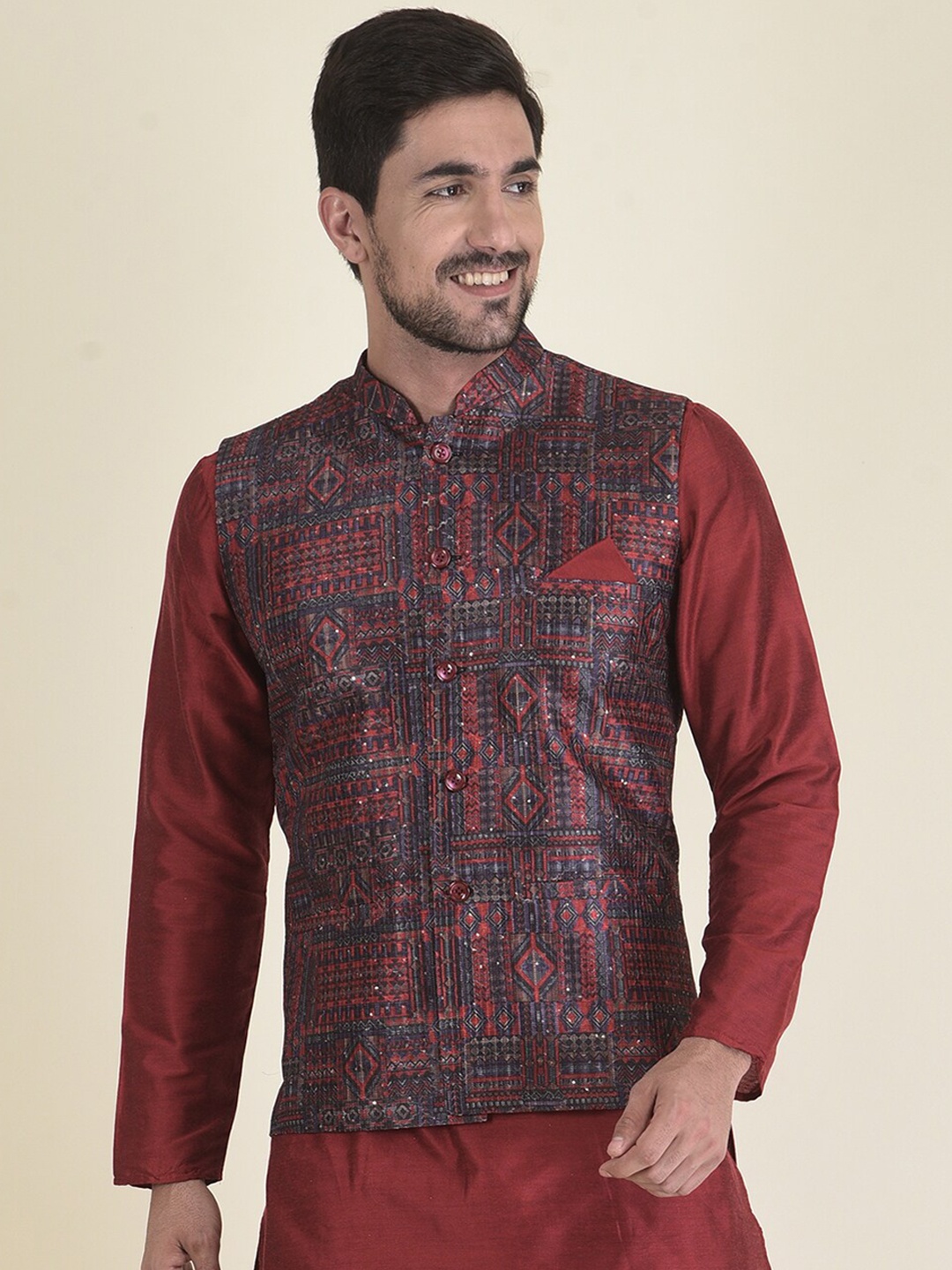 

HOUSE OF DEYANN Men Printed Nehru Jacket, Red