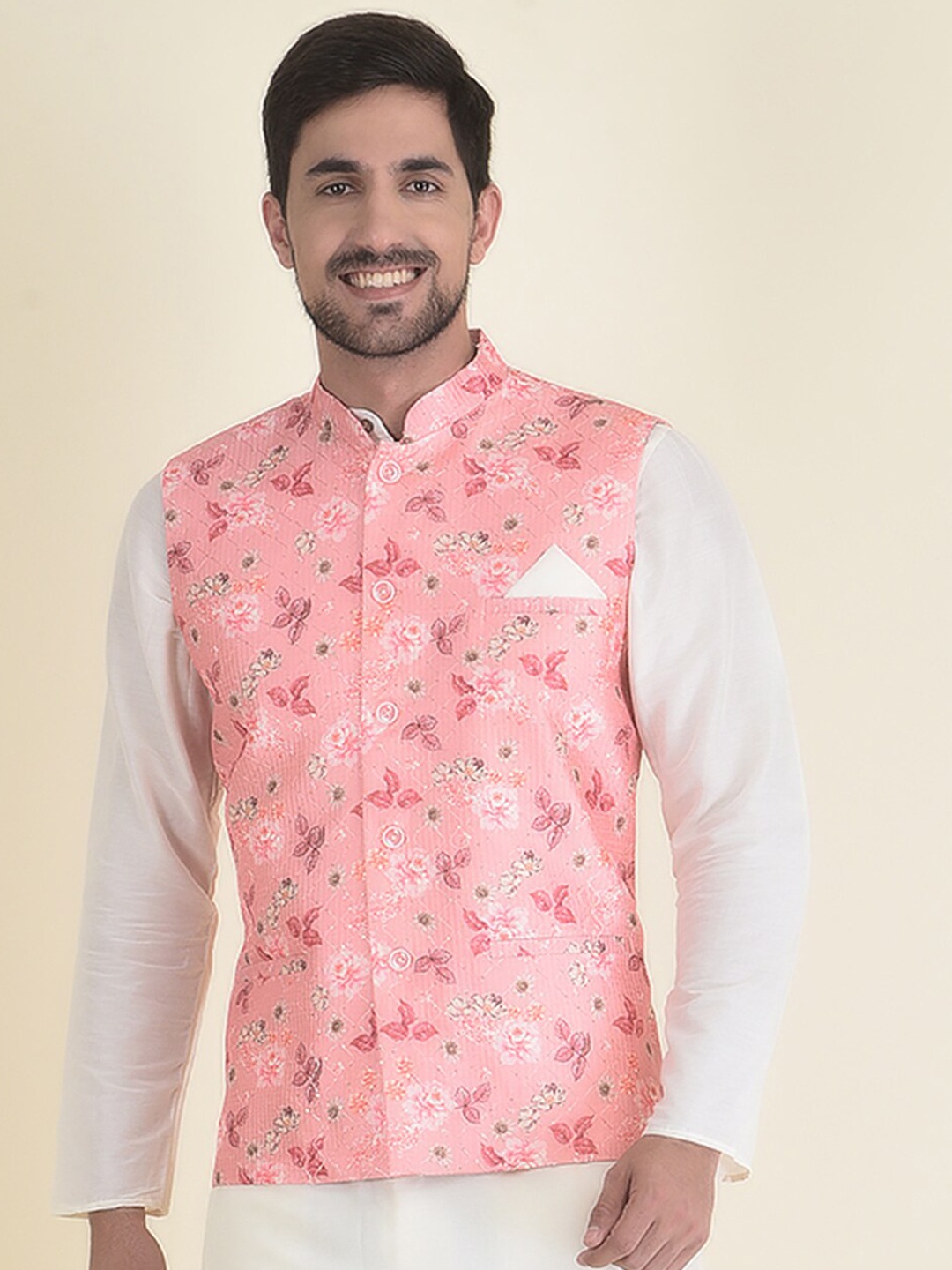 

HOUSE OF DEYANN Men Printed Nehru Jacket, Peach