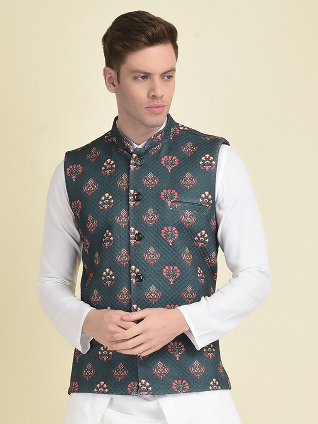 

HOUSE OF DEYANN Men Ethnic Motifs Printed Nehru Jacket, Green