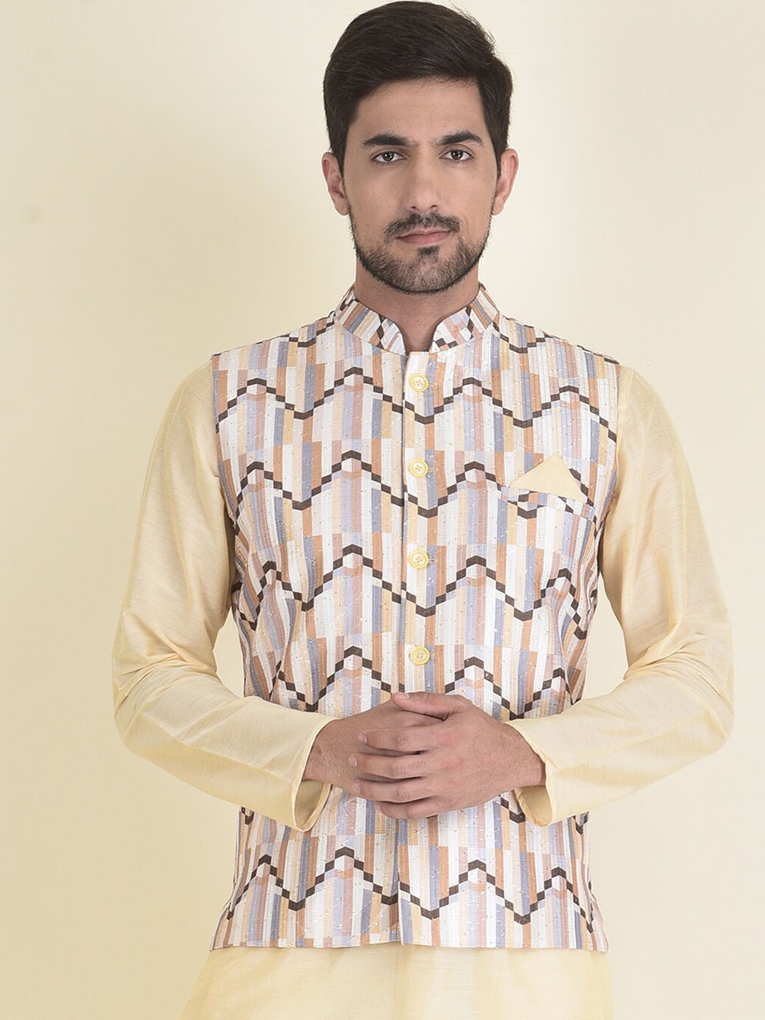 

HOUSE OF DEYANN Men Printed Nehru Jacket, Brown