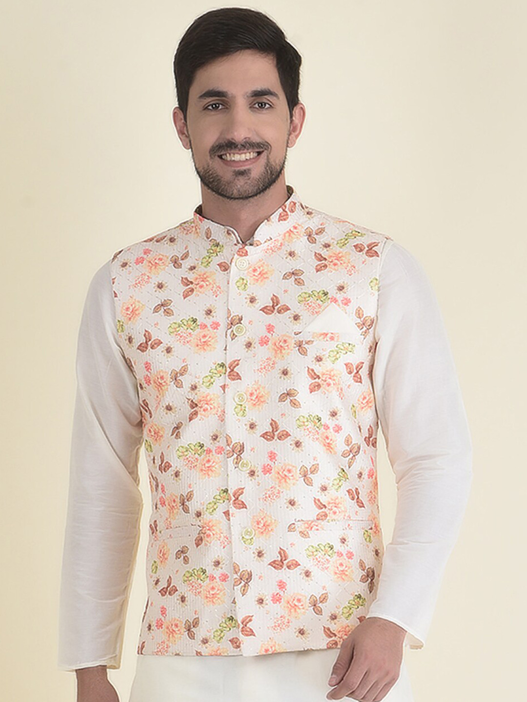 

HOUSE OF DEYANN Men Printed Nehru Jacket, Off white