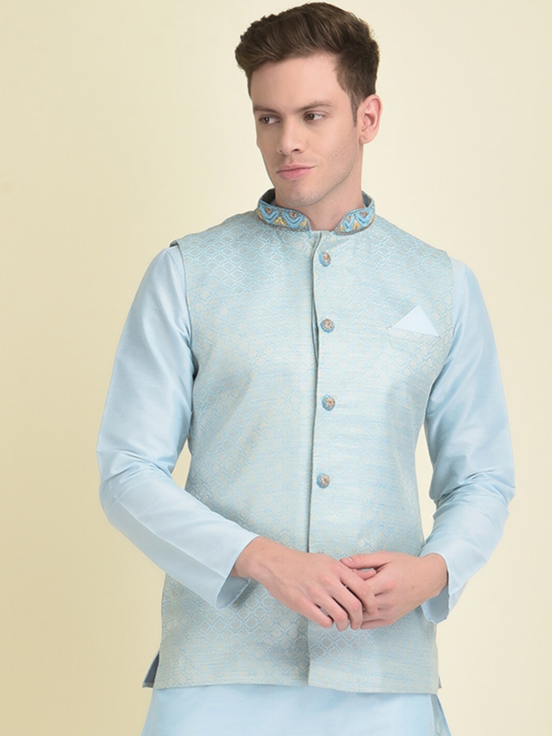 

HOUSE OF DEYANN Men Woven Design Nehru Jacket, Blue