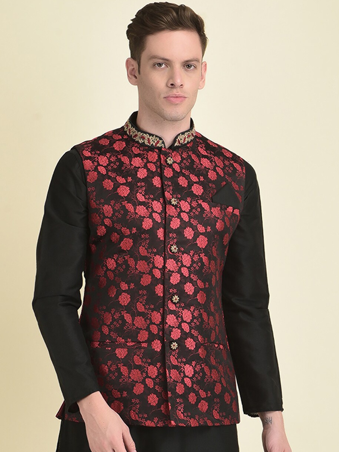 

HOUSE OF DEYANN Men Woven Design Nehru Jacket, Red