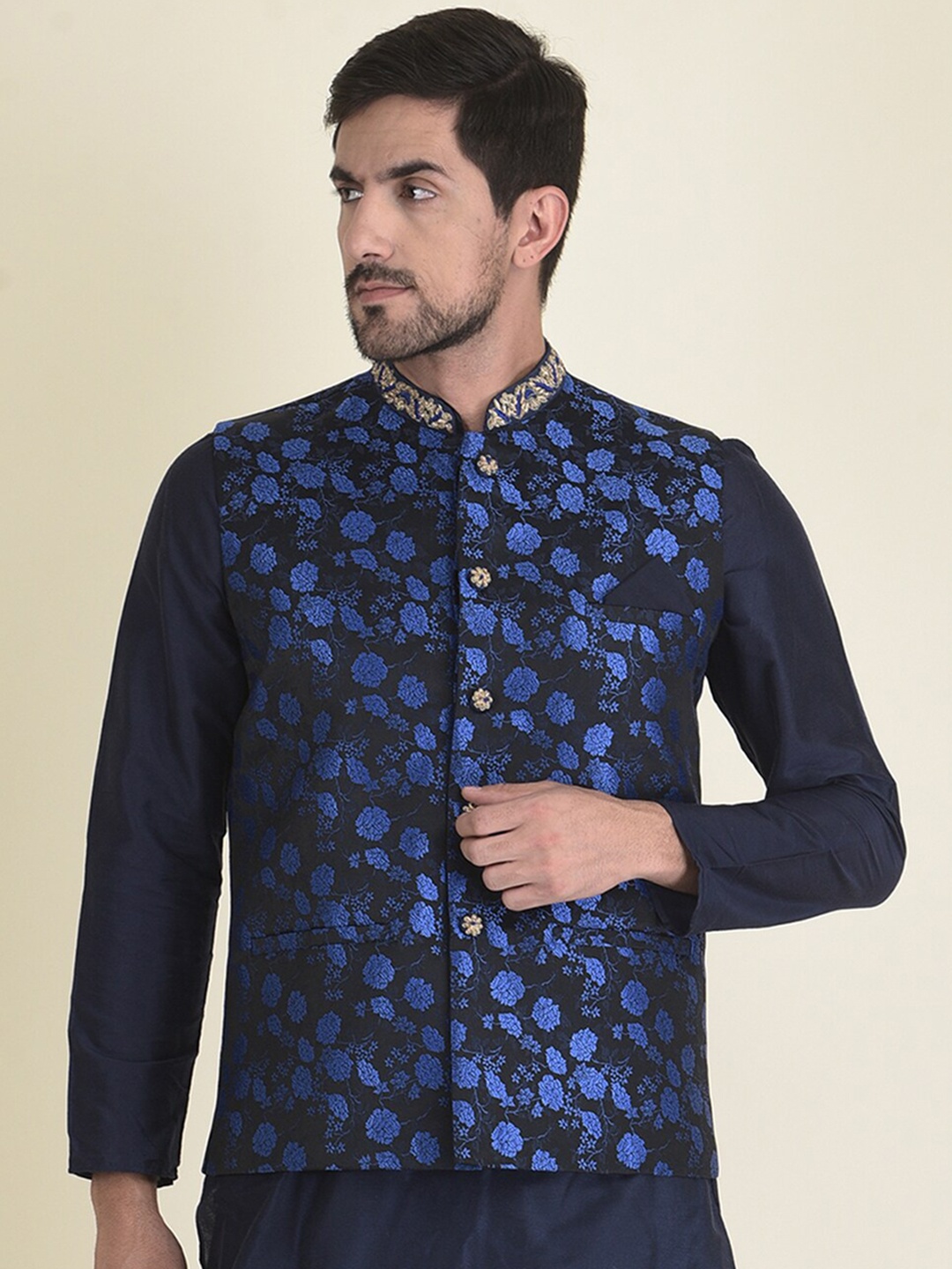 

HOUSE OF DEYANN Men Woven Design Nehru Jacket, Blue