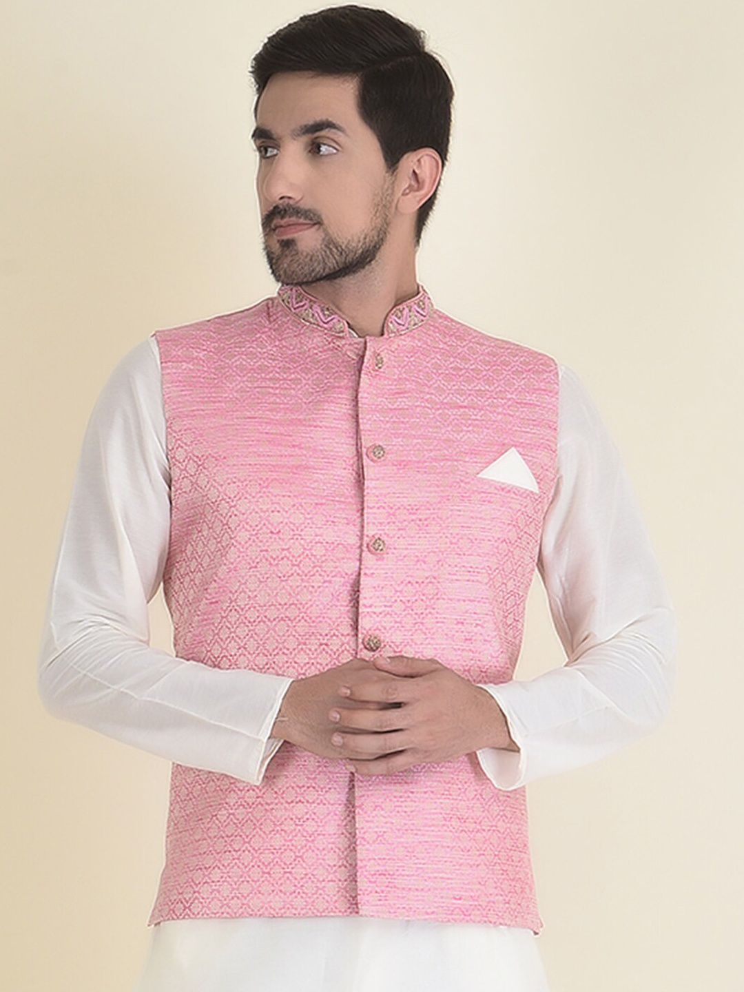 HOUSE OF DEYANN Men Woven Design Nehru Jacket, Pink