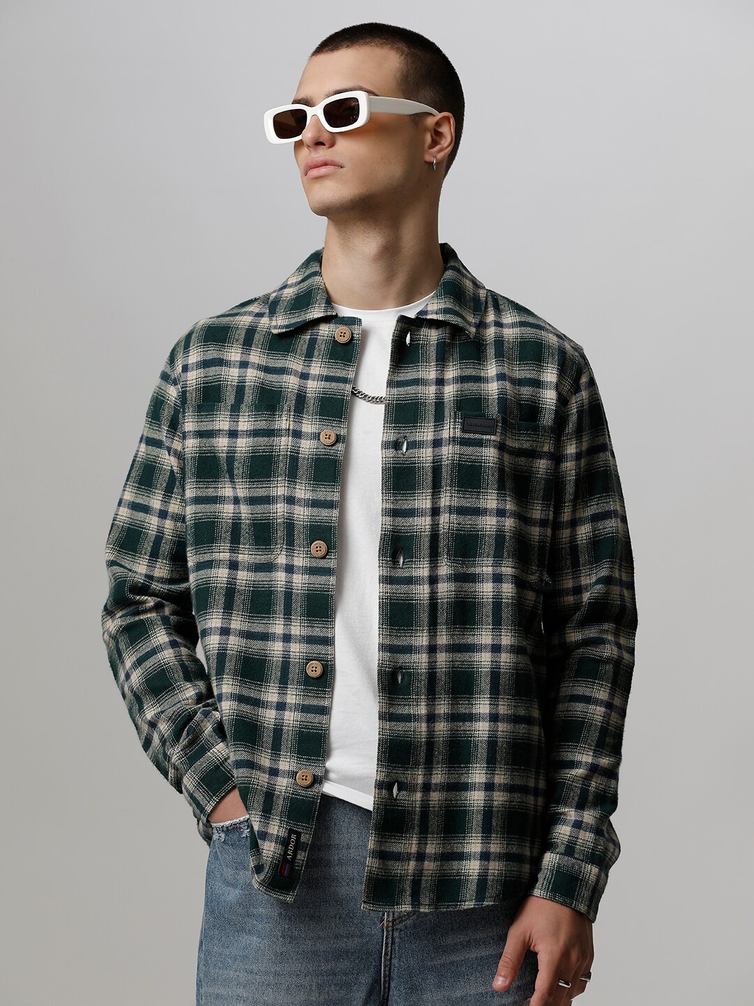 

THE BEAR HOUSE Men Checked Heavy Flannel Cotton Shacket, Green