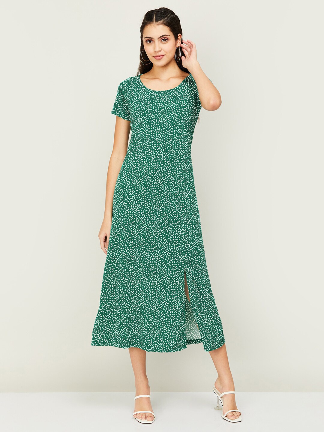 

CODE by Lifestyle Floral Printed Round Neck A-Line Midi Dress, Green