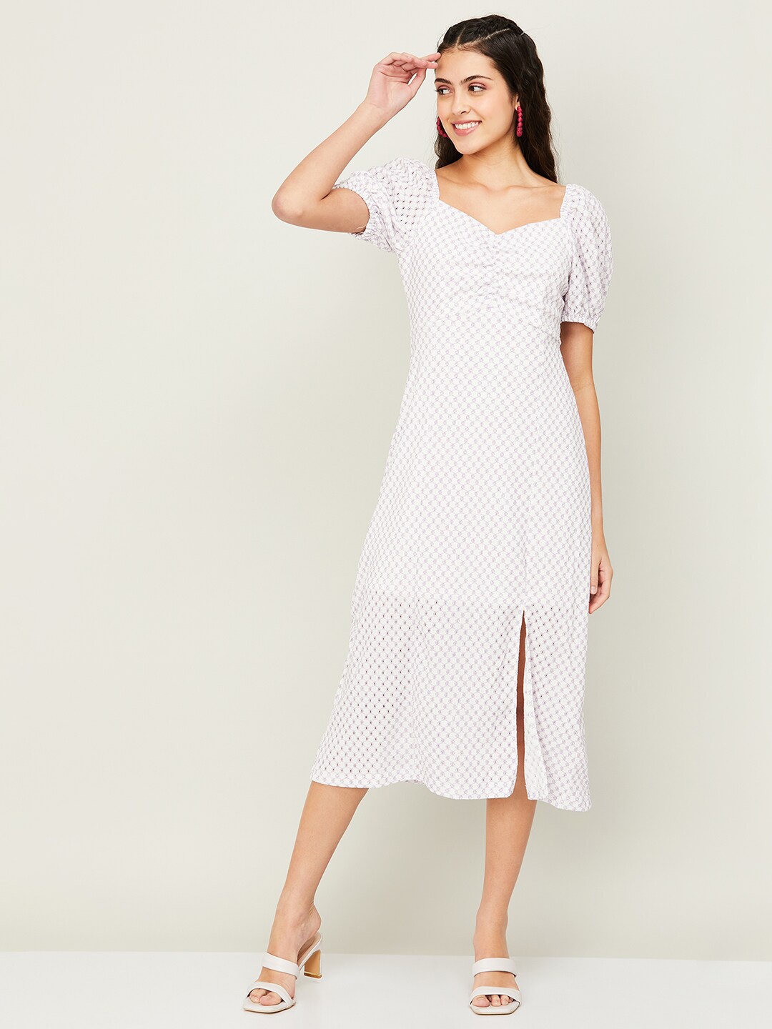 

CODE by Lifestyle Self Design Puff Sleeves A-Line Midi Dress, White