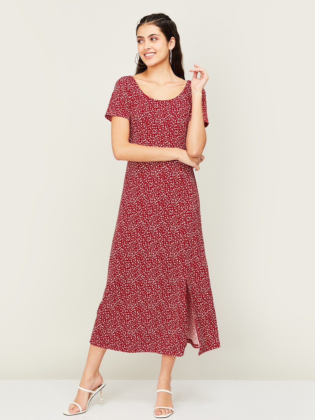 

CODE by Lifestyle Floral Printed Micro Pattern A-Line Midi Dress, Red