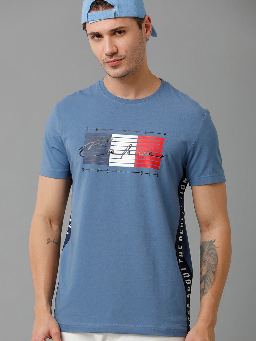 

CP BRO Men Typography Printed Cotton T-shirt, Blue