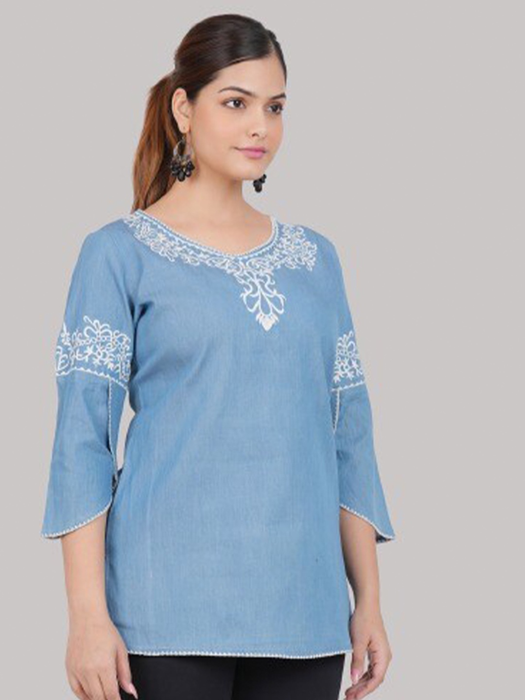 

SUMAVI-FASHION Embroidered Denim Pure Cotton Top, Blue